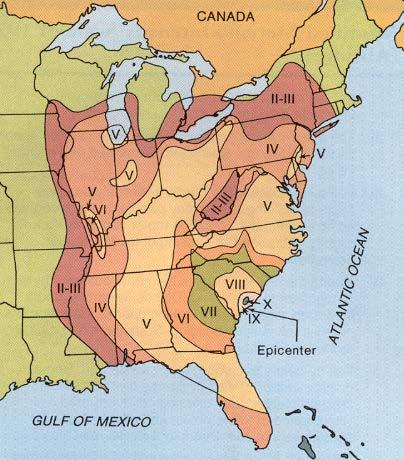 Using the Mercalli Scale An earthquake occurred in 1862 in Charleston. Its effects were felt throughout the eastern U.S. By piecing together eye-witness accounts, it is possible to draw a map contoured with the Mercalli scale, showing these effects.