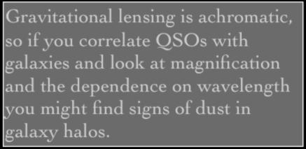 Galaxy-Quasar lensing and dust in galaxy halos QSOs Lensing + reddening Observer Gravitational lensing is achromatic, so if you