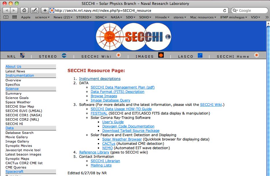 A sample instrument resource page (SECCHI) File