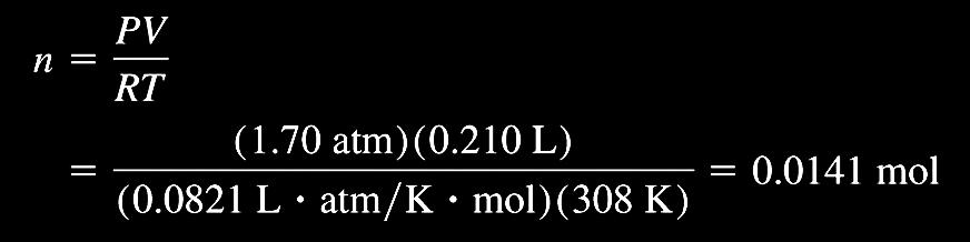 Example 5.10 To calculate the molar mass of the compound, we need first to calculate the number of moles contained in 2.