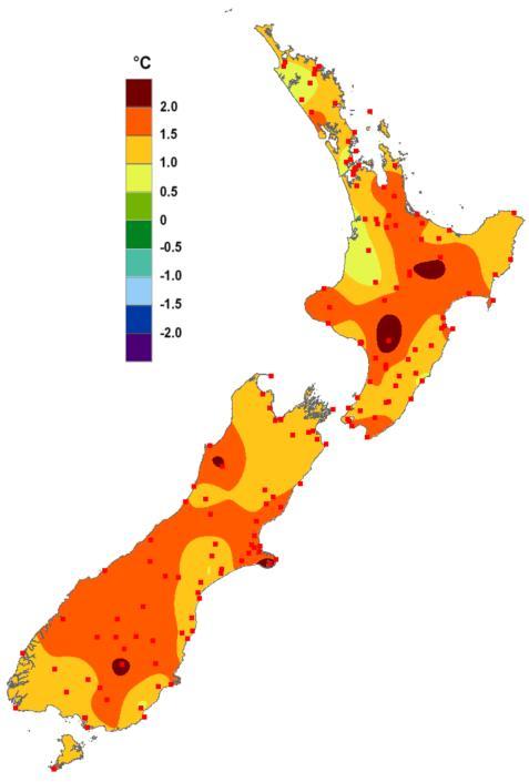 August 2013 mean temperatures, expressed as a difference from average ( C). Dark red colour indicates that mean temperatures were more than 2.