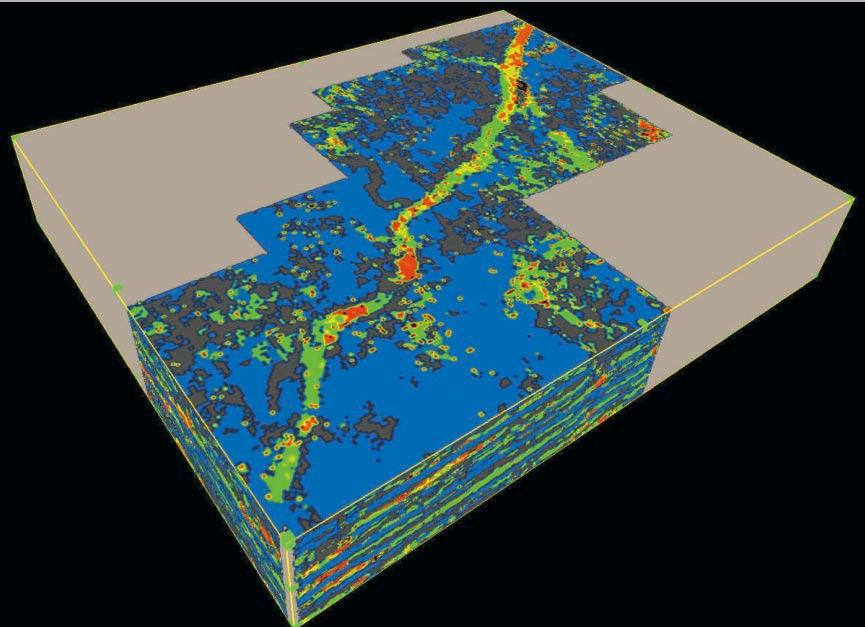 The image shows a flattened time slice through the 3D seismic volume classified for lithology and porosity.