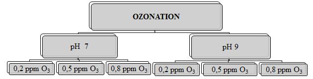 Figure 1 Basic scheme of the laboratory setup of ozonation. For research, it was decided to use the ozone concentrations of 0.2 mg/l; 0.5 mg/l; 0.8 mg/l; and ph for ozonation 7 and 9.