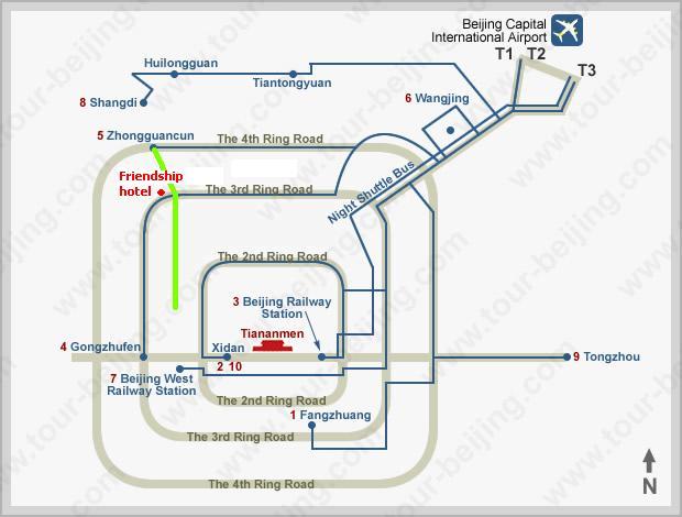 Shuttle Bus Line 4 Information: Capital Airport to Gongzhufen( 机场 公主坟 ) Stops: 1. China International Exhibition Center; 2. Xibahe; 3. Anzhen Bridge; 4. Madian Bridge; 5. Beitaipingzhuang; 6.