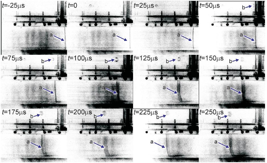 Chapter 3. Results of Experiments Figure 3.1: Processed image sequence, inverted and contrast-enhanced, Mach 2.4 acceleration of SF 6 gas cylinder with shock tube in the horizontal orientation.