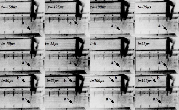 Chapter 3. Results of Experiments Figure 3.5: Processed image sequence, inverted and contrast-enhanced, Mach 2.4 acceleration of SF 6 gas cylinder with shock tube inclined 15 from horizontal.
