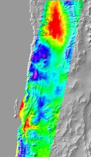 InSAR residual interferograms (original data is in Figure 2) from our best fit joint model for the 2007 mainshock plotted over shaded topography and bathymetry.