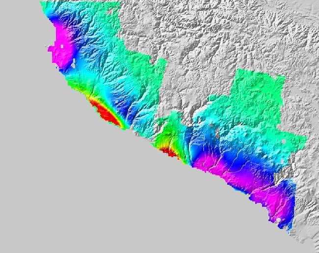 Predicted vertical deformation from our models of the three Peruvian subduction zone earthquakes plotted over shaded relief.