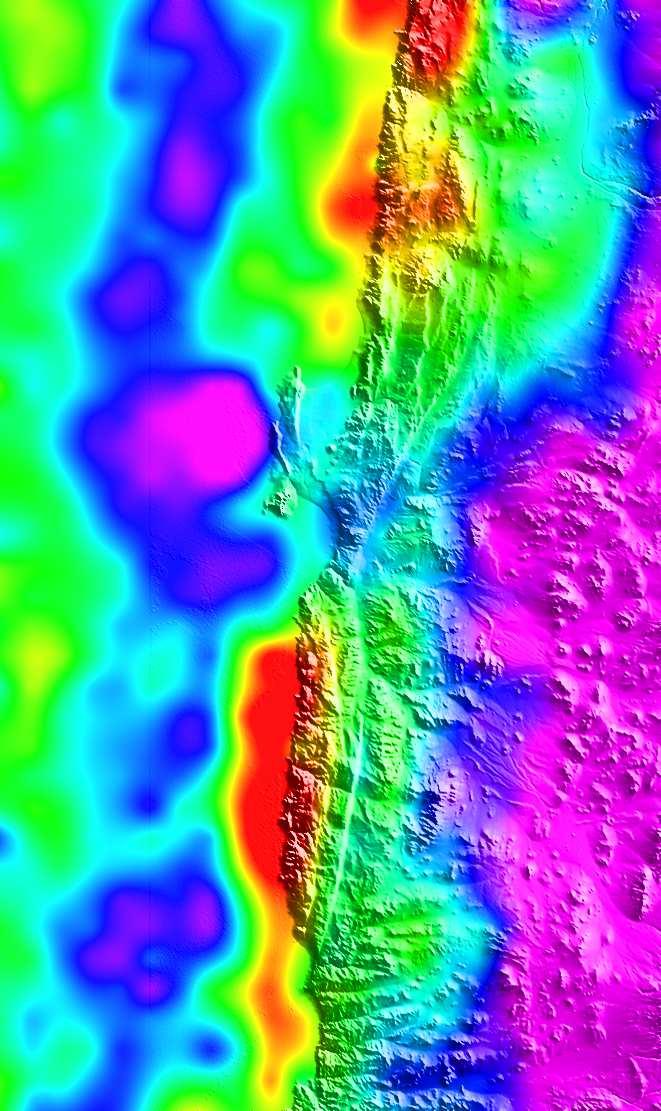 Isostatic gravity Residual Anomaly (IRA) calculated for northern Chile by Schmidt and Götze (2006) is shown in color.