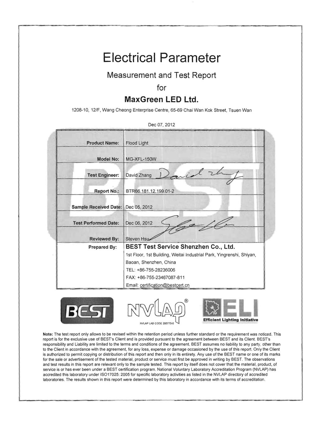 ~ Electrical Parameter Measurement and Test Report for MaxGreen LED Ltd.