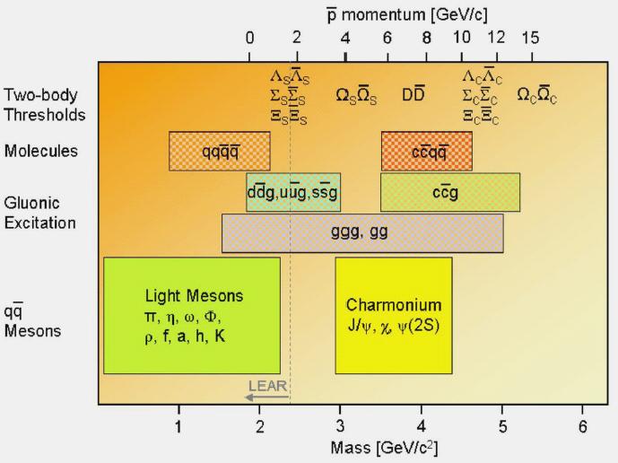 Physics program meson spectroscopy light mesons charmonium exotic matter (charmed) molecules (charmed) hybrids glueballs open charm baryon anti baryon