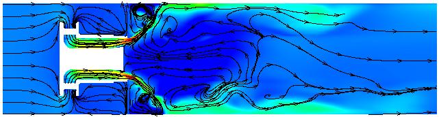 Figure 31: Streamlines along a meridional plane The streamlines in figure 31 show the path followed by the air through the swirler and into the combustor.