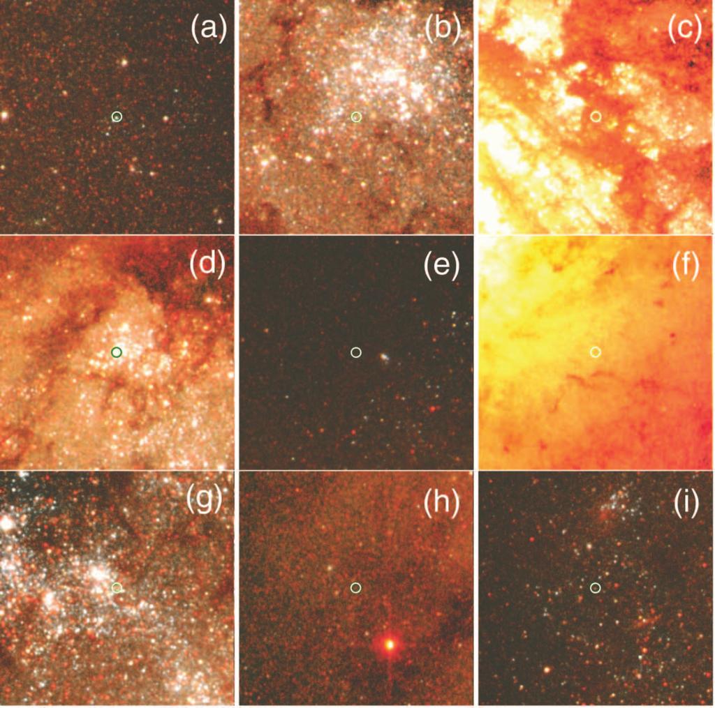 Fig. 1. ACS true-color images around the nine ULXs in M51. Red, green, and blue correspond to the F435W, F555W, and F814W filters, respectively.
