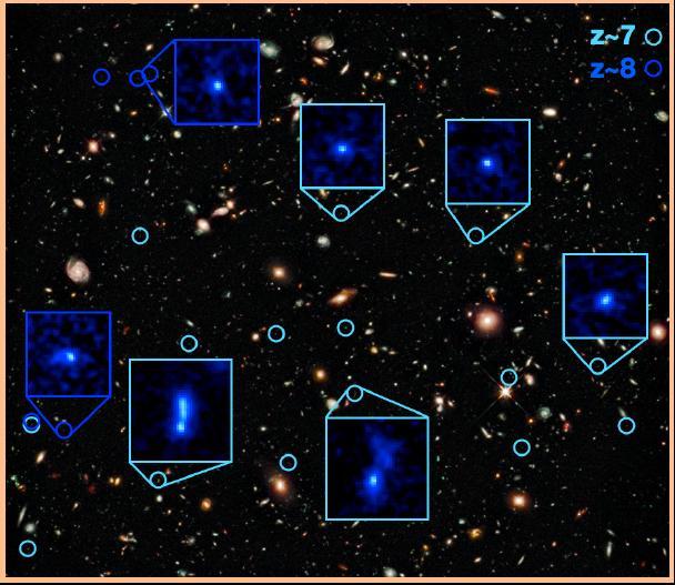 z~7 galaxies, Oesch et al. z~8 galaxies, Bouwens et al.