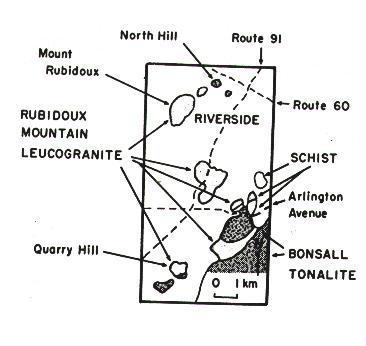 2 Fig. 1. Map showing location of the Rubidoux Mountain leucogranite near Riverside, California (USA) and associated wall rocks of Bonsall tonalite and Julian schist.