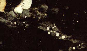 Wartlike myrmekite occurs in lower right corner (brown; white quartz vermicules). Fig. 6.