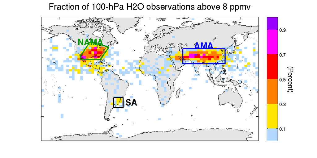 MLS 100-hPa H 2 O wet extremes (all seasons) Study boxes chosen to enclose regions of extreme values, both in terms of occurrence frequencies and maximum values in the record.