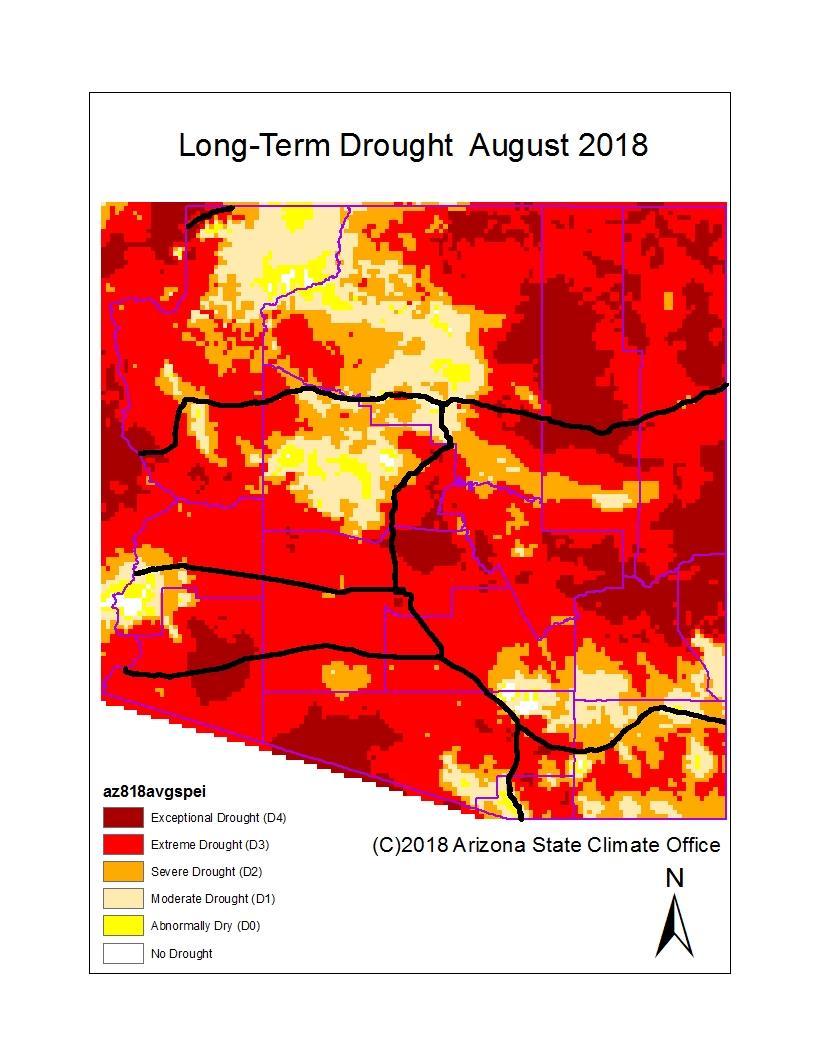 The long-term drought map for August shows hydrologic drought, and this month it is based on precipitation and evaporation using the Standardized Precipitation Evaporative Index (SPEI) over the past