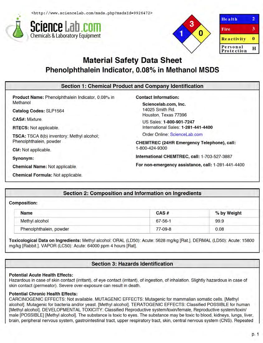 Page 35 Phenolphthalein Indicator solution is available in different concentrations and in different solvents. This is a typical MSDS.