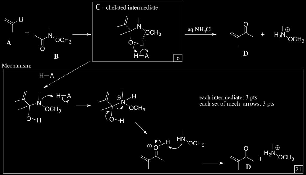With the use of a simplified vinyllithium A and amide B, draw in the box below the structure of the chelated intermediate C for the reaction and provide a step-by-step,