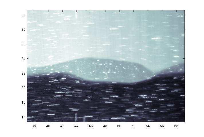 Figure 2: Particle streak image taken at approximately t = 800 seconds. The dyed upper layer is fresh and moving to the right and the clear (dark) lower layer is saline and moving to the left.