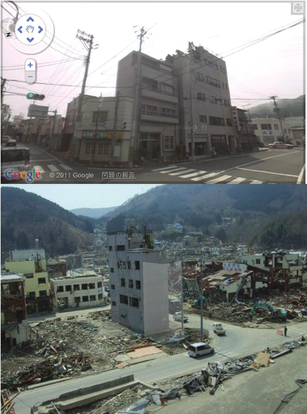 Before tsunami (Google street view) 14.5m Carried over 70m distance 5.6m 5.6m After tsunami (April 16 th, 2011) Fig. 3 Original location of Building #1 (38.442482, 141.