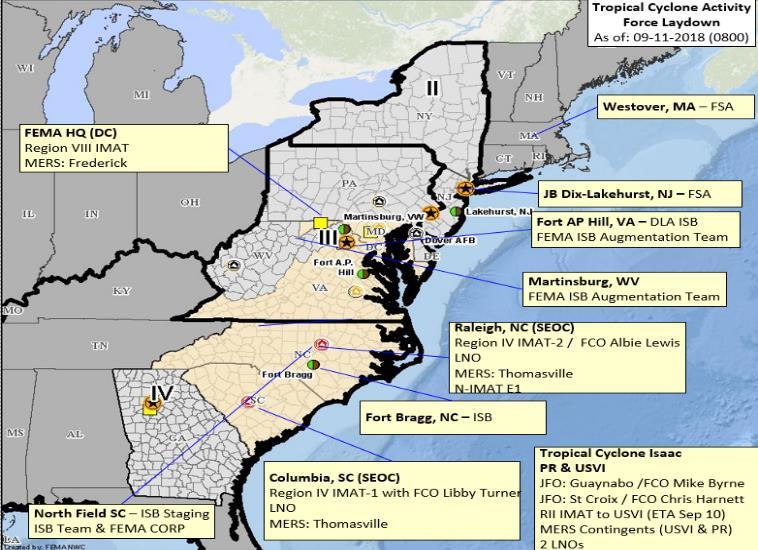 Response Atlantic Federal FEMA HQ NRCC at Level II, 24/7 with all LNOs and ESFs 1, 2, 3, 6, 7, 8, 9, 12, 13 and 15 National IMAT East-1 deployed to NC Region VIII IMAT deployed to DC to pre-stage ISB