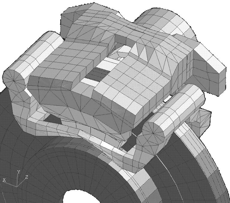 Figure 2: FEA model of the disc brake. In order to find out the contact pressure, forces previously obtained have to be distributed on the area where applied.