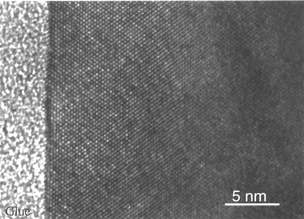 High resolution TEM micrograph of ion-amorphized and annealed silicon High resolution TEM