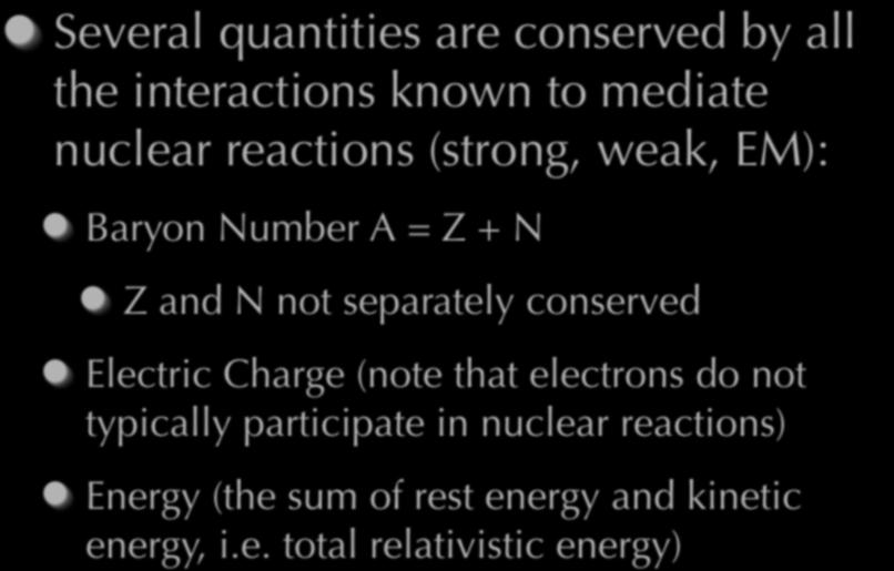 Conservation Laws Several quantities are conserved by all the interactions known to mediate nuclear reactions (strong, weak, EM): Baryon Number A = Z + N Z and N not separately