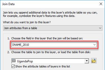 2. Open the UgandaPop table and examine the population data it contains. What fields can you use to join the data to your administrative boundaries? 3.