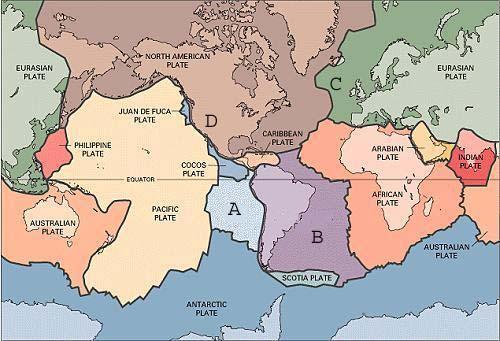 Question 2 Examine this map of global crustal plates. A. With reference to the labels shown: a) Name the crustal plates A: and B 