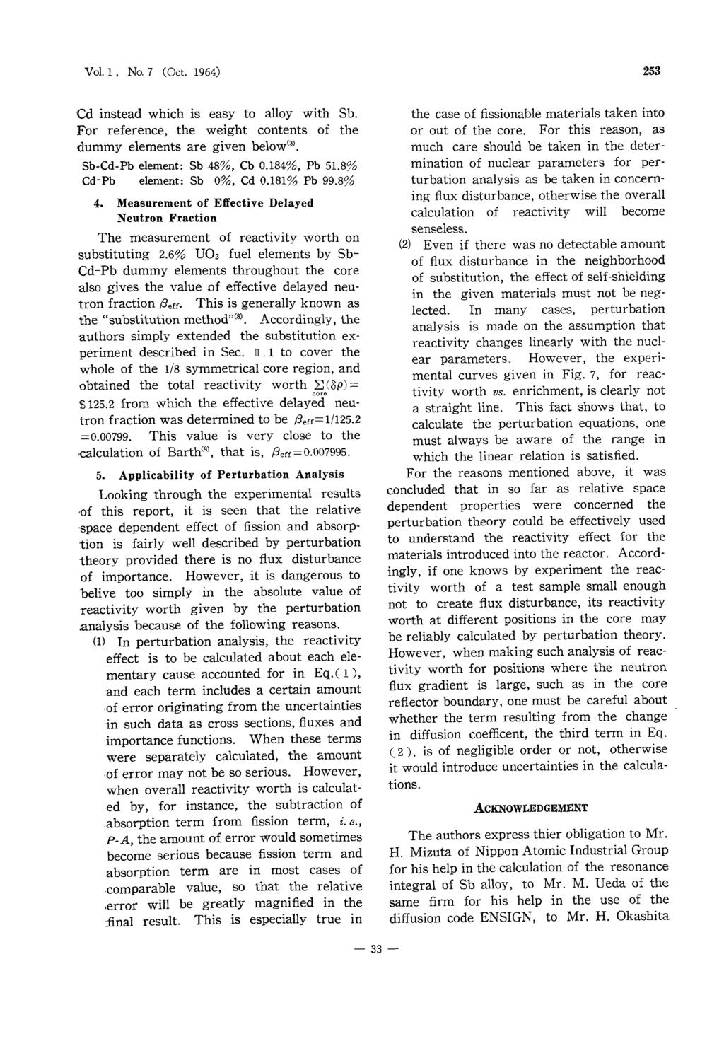 Vol.1, No. 7 (Oct. 1964) 253 Cd instead which is easy to alloy with Sb. For reference, the weight contents of the dummy elements are given below(3). Sb-Cd-Pb element: Sb 48%, Cb 0.184%, Pb 51.