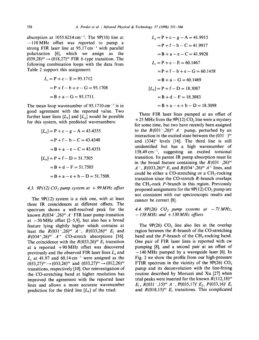 358 A. Predoi et al. / Infrared Physical & Technology 37 (1996) 351-366 absorption at 1055.6214cm -~. The 9P(10) line at -ll0mhz offset was reported to pump a strong FIR laser line at 95.