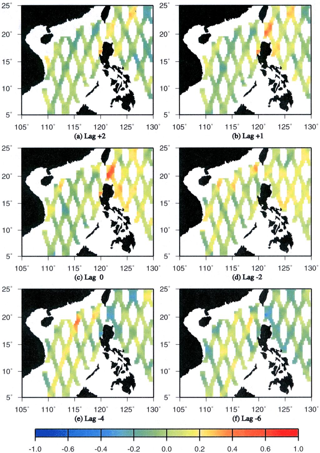 Fig. 5. Spatial distribution of cross correlation coefficient between the reference area in the Luzon Strait and each T/P data point.