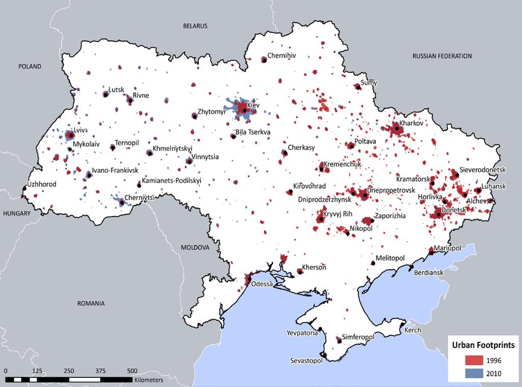 footprints. Urban footprints are measured using Nighttime lights spatial. An impressive growth in urban footprint is also visible in and around the Kiev agglomeration.