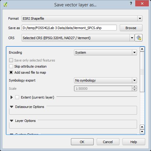 Save vector layer as Dialog Box 5. Click OK. QGIS will project the Vermont layer and add it to the map.