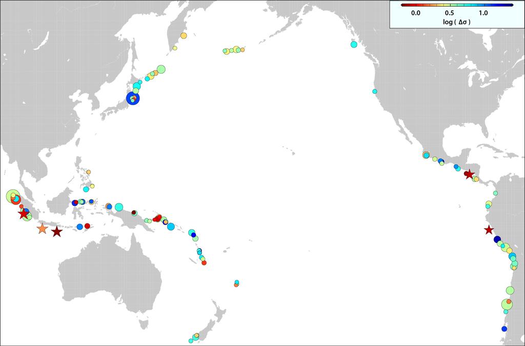 fig. S1. Map of static stress drop estimates for 119 global large megathrust earthquakes.