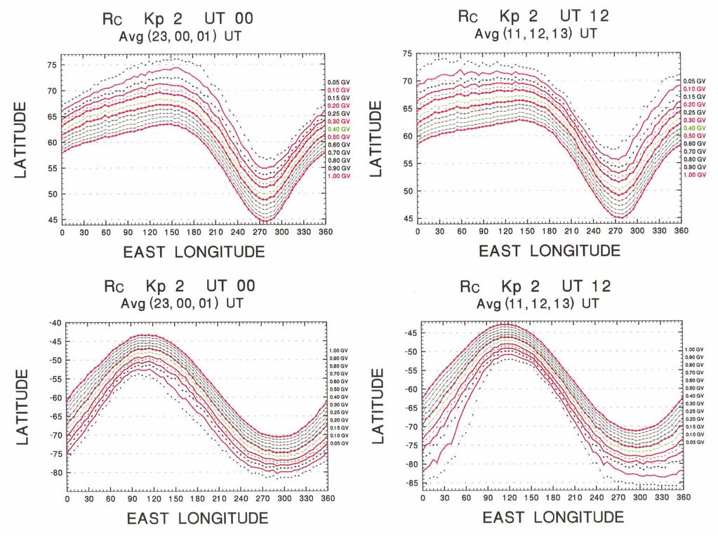 Lines of constant vertical cut-offs for low geomagnetic activity in geographic coordinates (upper and lower