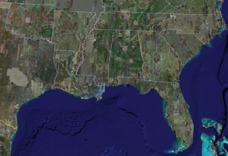 Figure 1: Google Earth image of southeast United States outlining the four areas of interest.