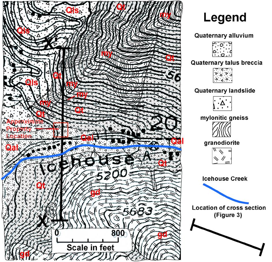 Figure 2. Geologic map of the region surrounding the study area. Note location of cross section X-X (shown below in Figure 3).