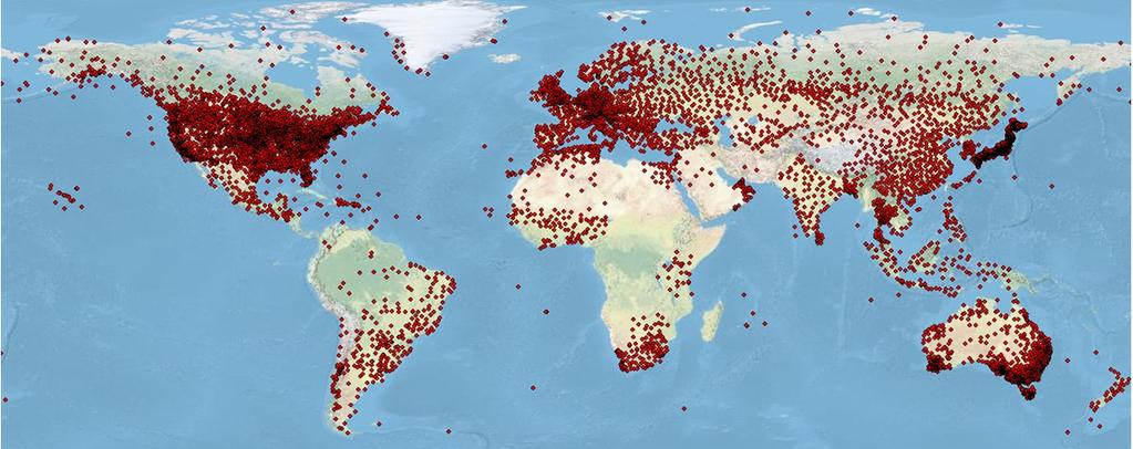 Weather Data Station Location Data Availability * red dots represent weather station locations of stations in our primary archives and