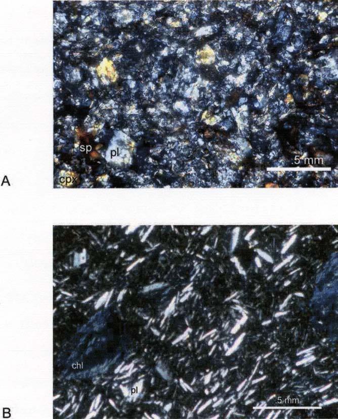 Figure 19. Photomicrographs, under crossed nicols, showing relict igneous textures. Sample JM-68 (A) is typical of Colebrooke metabasalts.