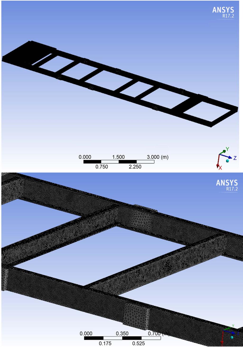 Figure 10. Tetrahedral mesh of the frame. two longitudinal beams obtained from the maximum admissible loading of the Quebec Ministry of transportation for this frame category.