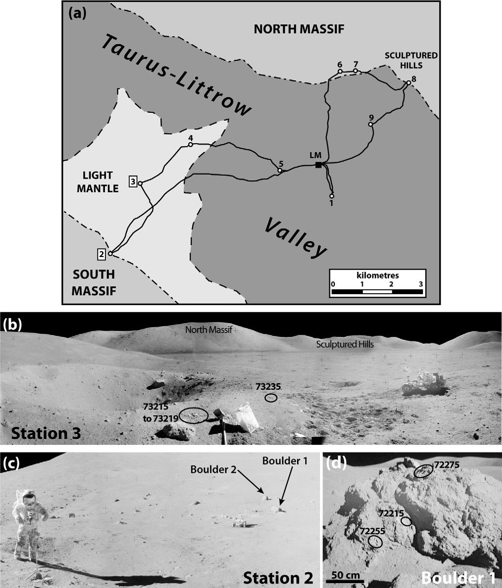 Magmatic and impact history >4.1 Ga in Apollo 17 zircon 2215 Fig. 1. (a) Map of the Apollo 17 landing site region and traverse between South and North Massifs done by the astronauts for sampling.