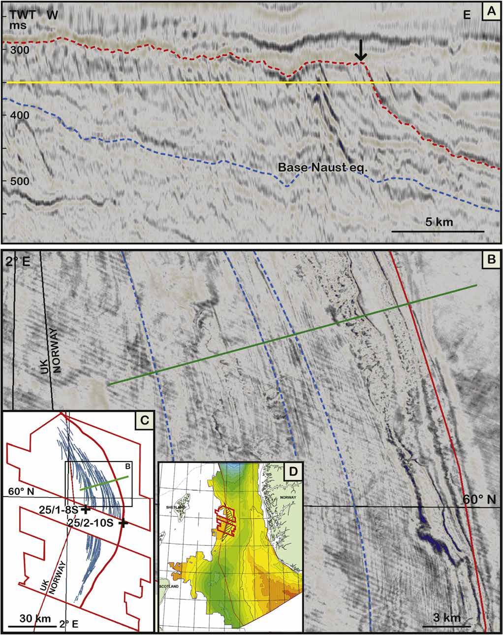 Figure 12. (A) Random seismic line from the 3D seismic cube NVG10M-N across a Pleistocene delta mapped along the western side of the northern North Sea Basin at c. 60 N (outline of delta shown in Fig.