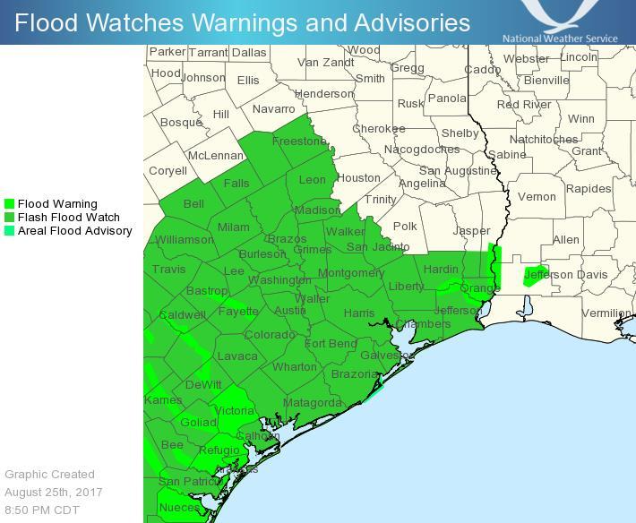 Watches and Warnings (continued) Flash Flood Watch in effect for all of our forecast area Flash flood threat in effect until