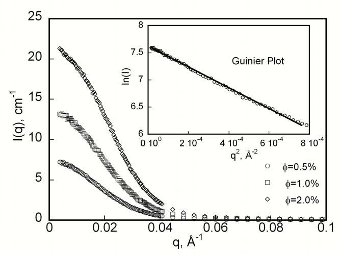 Figure 3.1. I(q) as a function of concentration for 35-BDMS at 55 C. Inset shows a typical Guinier plot used to obtain R g.