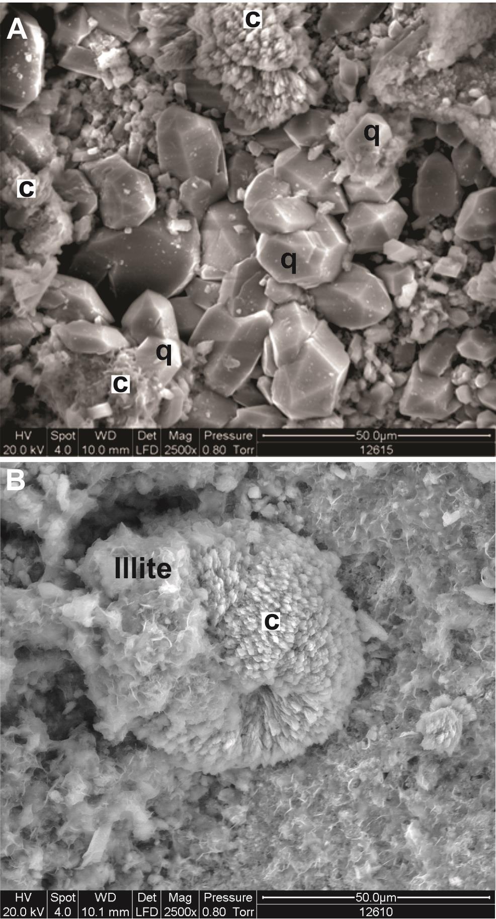 Simmons and Christenson, 1994). Upon cooling after boiling, quartz crystals form. Figure 1B illustrates the relationship between bladed calcite and illite where illite formed after bladed calcite.