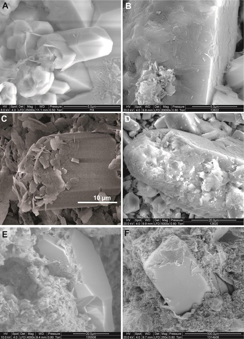 Figure 4: SEM images display various degrees of crystal degradation and clearly reveal the spatial relationships between crystals and clays.